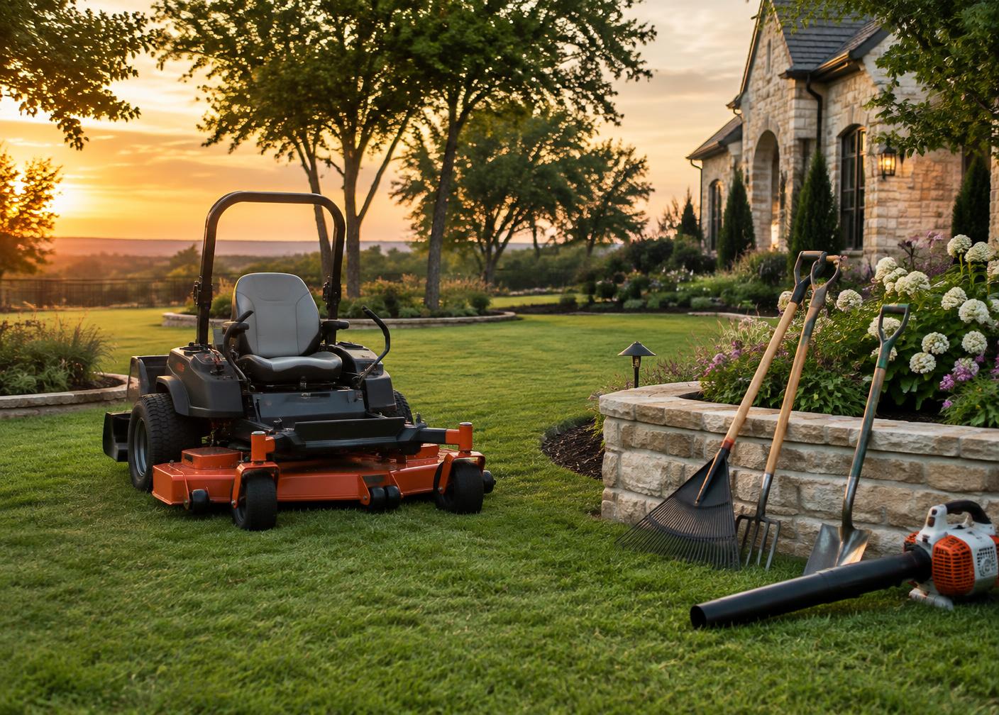 Professional landscaping mower and tools beside a maintained lawn