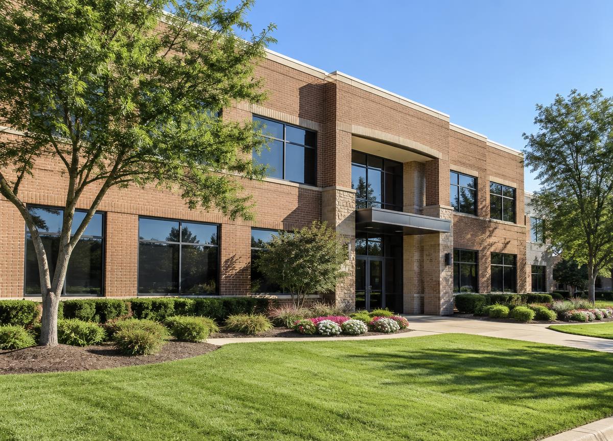 Representative well-maintained commercial property with lawn and flower beds