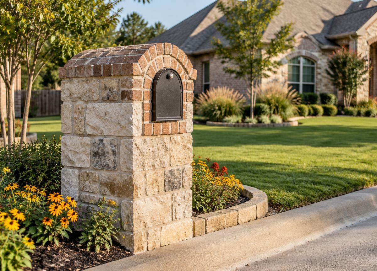 Representative custom stone mailbox beside a landscaped garden