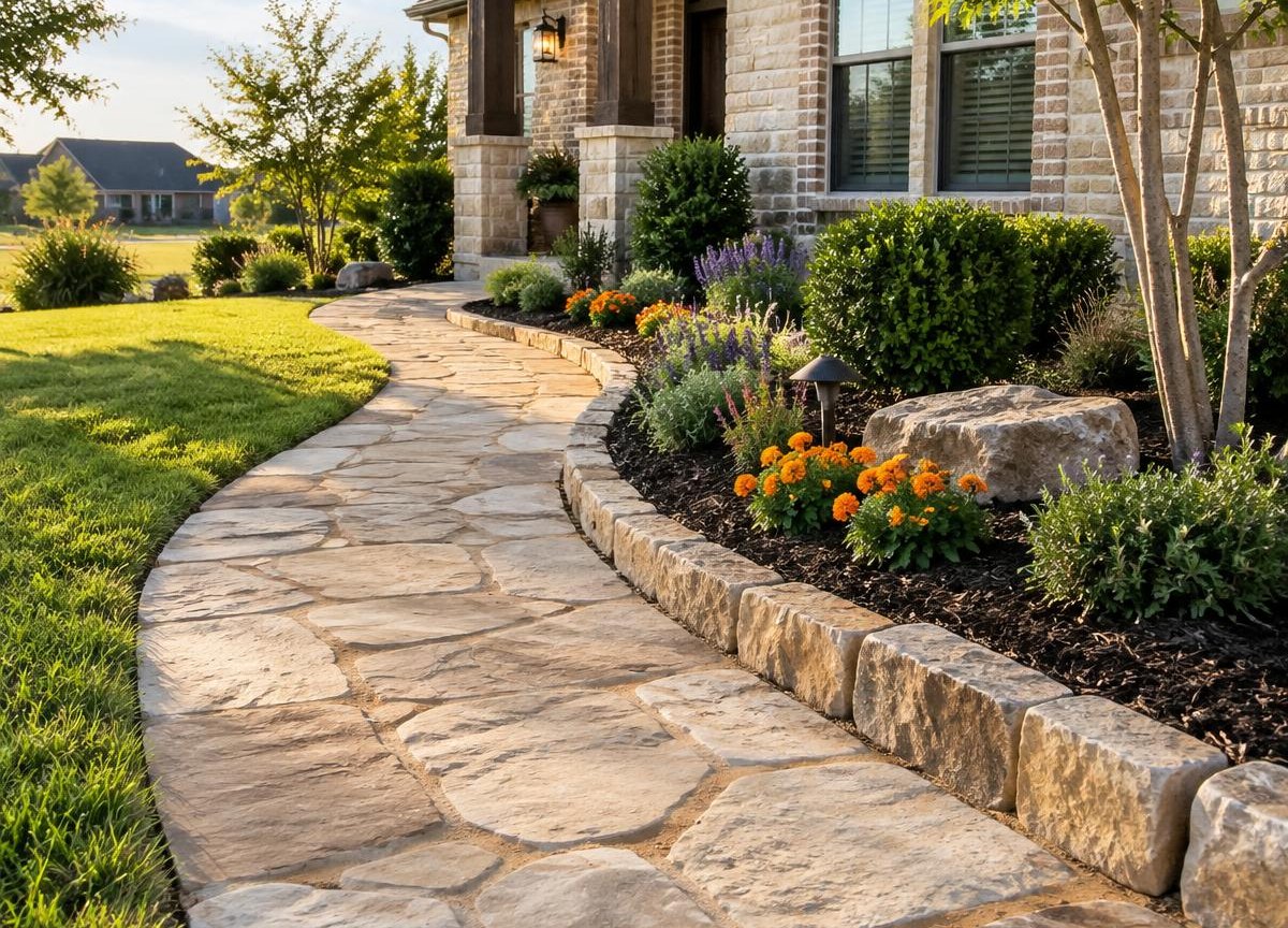 Representative flagstone walkway beside a stone-bordered flower bed